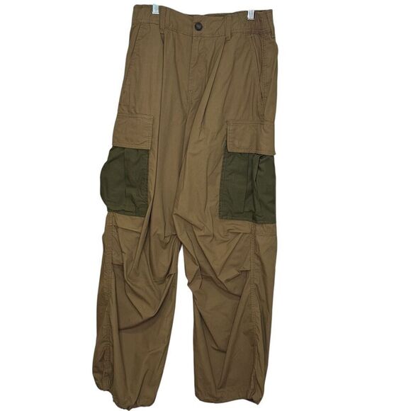 Anthropologie Olive Green Cargo Parachute Pants Size 8 Contrast Pockets Cotton - Picture 1 of 10